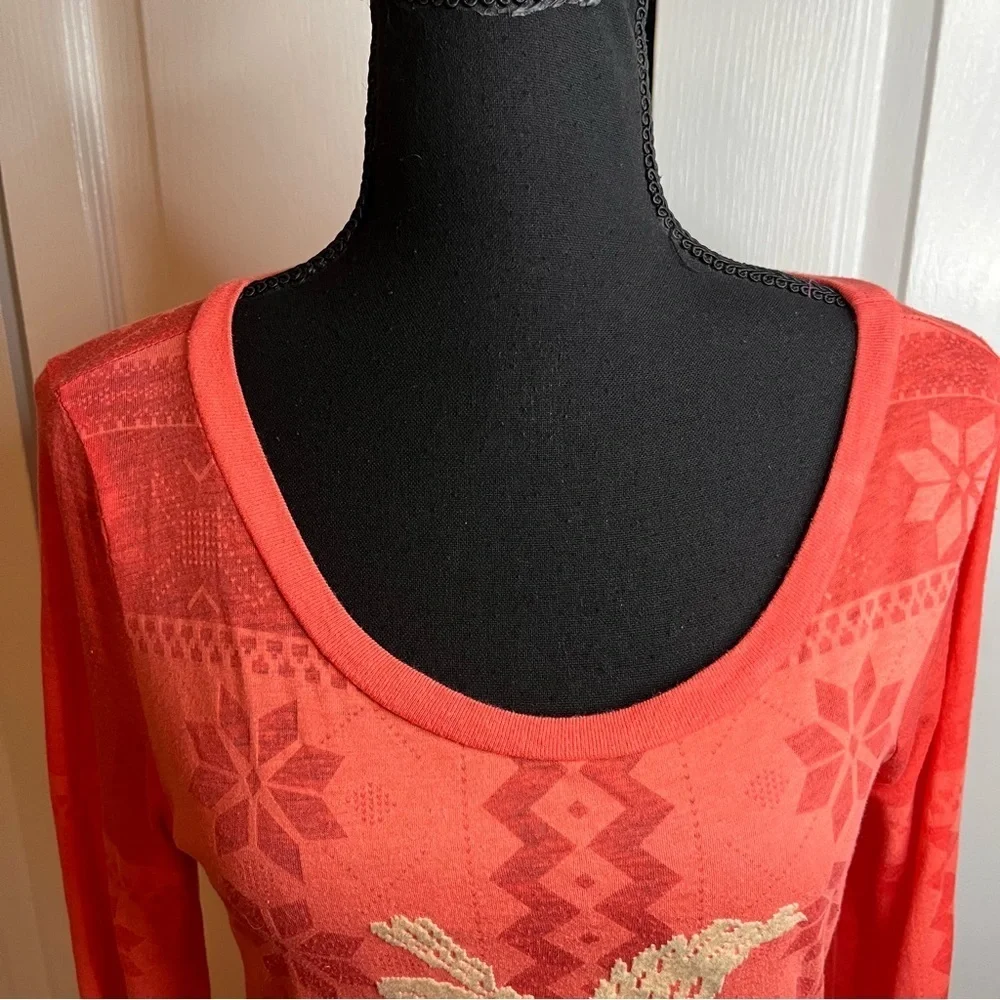Free People Y2K 2 Tone Orange Long Sleeve Aztec Bird Shirt Sz L Southwest Boho